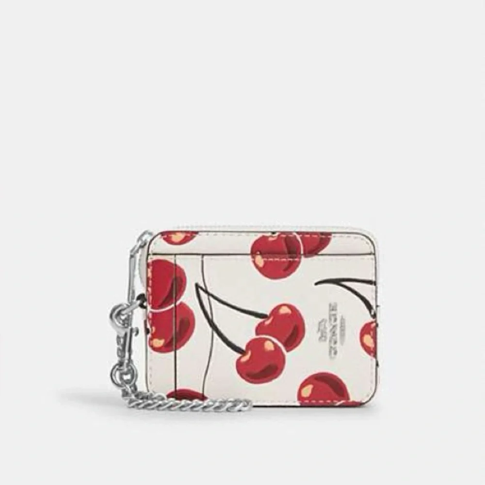 NWT Price is firm Coach Zip Card Case With Cherry Print Silver/Red chalk W/Chain